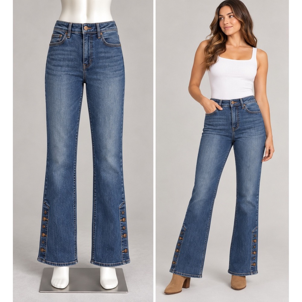 Anthropologie Pilcro High Rise Bootcut Jeans Women 25 Blue Button Hem Dark Wash